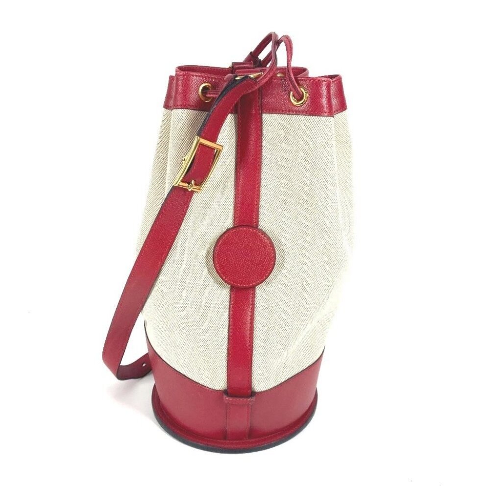 HERMES vintage Standy Crossbody Drawstring Shoulder Bag Leather/Canvas Red/Beige